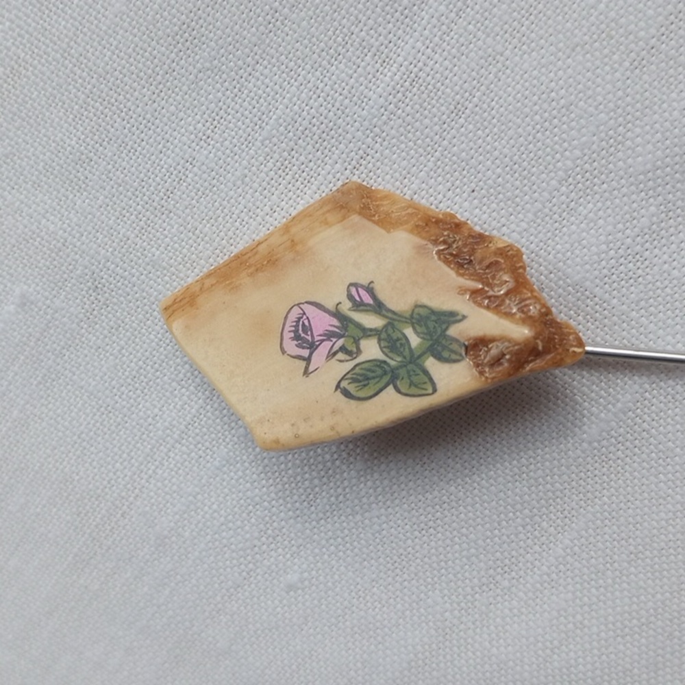 Hand painted folk art rose on live natural edge wood stick pin
